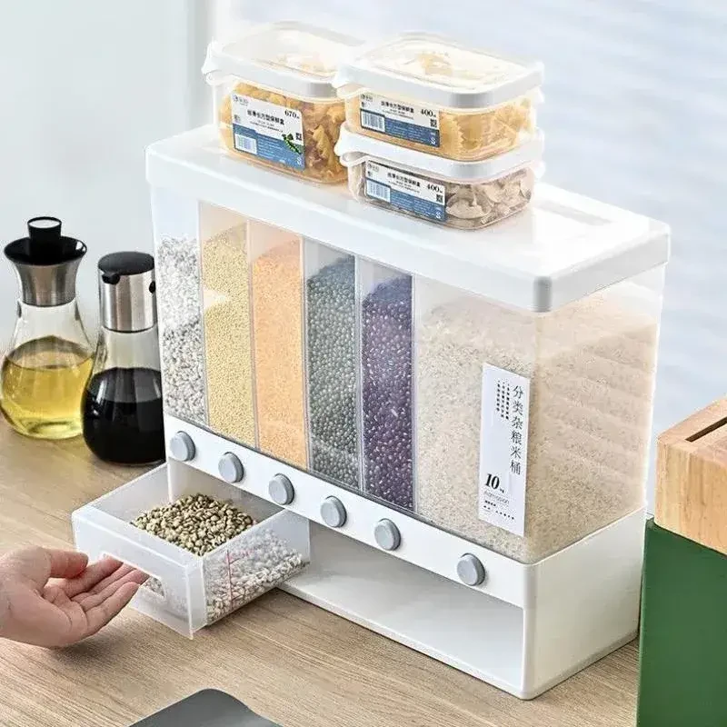 Органайзер для круп 6 секций для сыпучих продуктов Assorted Grain Rice Bucket Диспенсер, с кнопкой дозатором