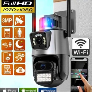 Уличная охранная поворотная WIFI камера  Dual Lens Zoom 8MP сирена, зум, iCSee удаленным доступом онлайн