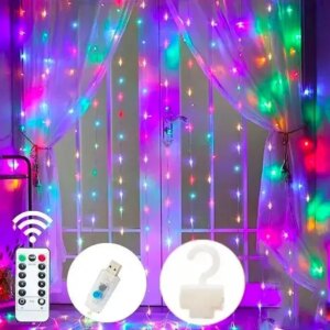 Светодиодная гирлянда штора с пультом мультик 3х2 м от USB 200 LED комнатная гирлянда занавес на окно