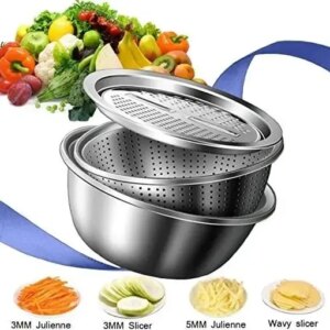 Многофункциональный кухонный набор из нержавеющей стали 3 в 1 Metal Basket Cutter Миска дуршлаг и терка