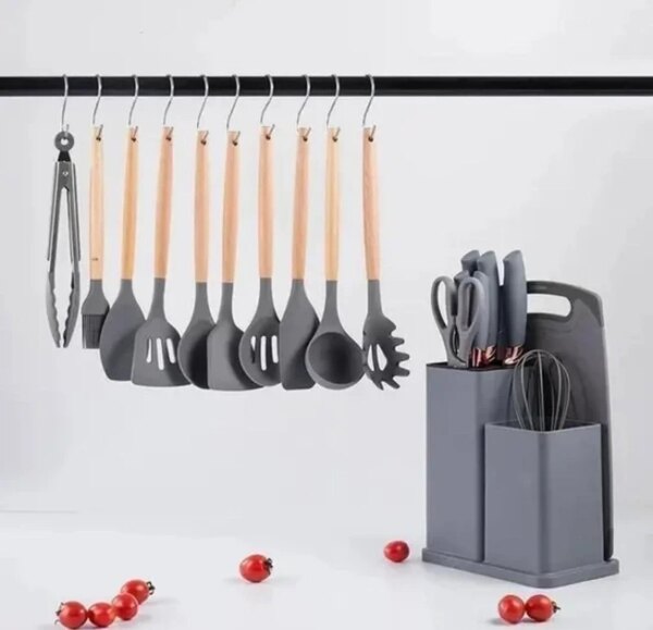 Набор кухонных принадлежностей на подставке TS Kitchen 19 штук из силикона с бамбуковой ручкой Серый