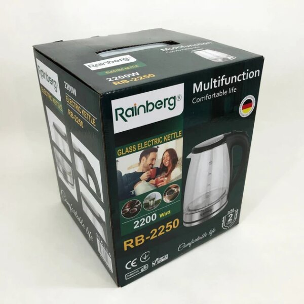 Электрический стеклянный чайник Rainberg RB-2250 с LED подсветкой 2200 Вт 1.8л, хороший электро чайник