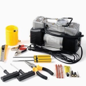 Компрессор воздушный 12 V, 90 л/мин портативный с комплектом для ремонта шин и инструментами