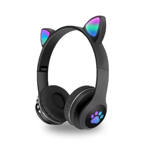 Беспроводные наушники с кошачьими ушками и RGB подсветкой FM радио, micro SD Cat MZ-023 Чёрные