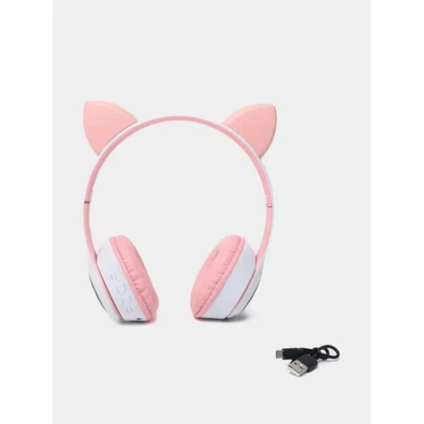 Беспроводные наушники с кошачьими ушками Cat MZ-023 Гарнитура RGB подсветкой FM microSD Розовые