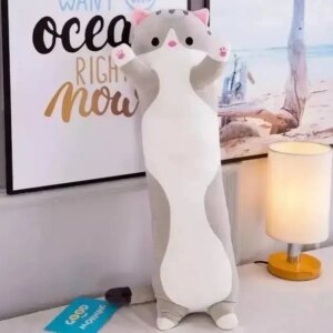 Детская подушка для сна Кот Батон 70 см, Серый / Плюшевая игрушка подушка длинный котенок