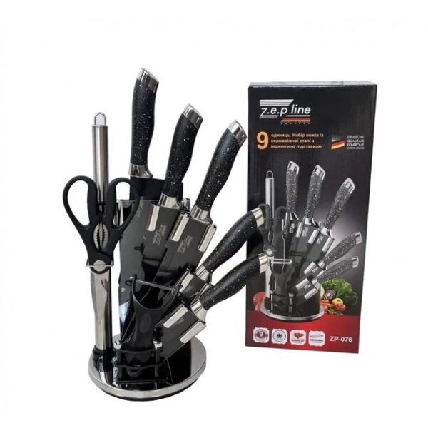 Набор ножей Zepline ZP-076 на подставке 9 предметов Черный